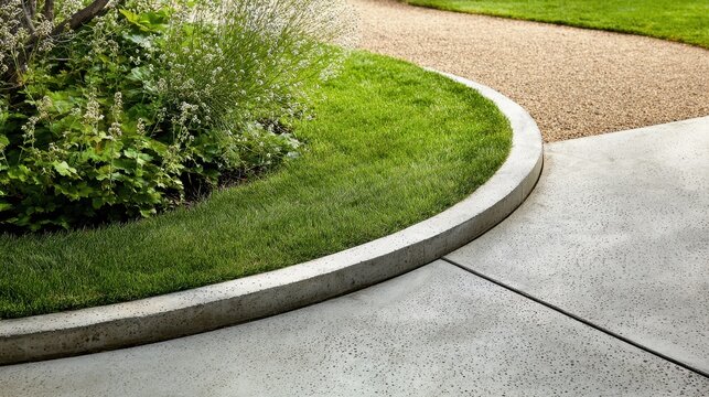 Green grass bordering concrete curb, dividing gravel pathway and driveway, highlighting meticulous modern landscape design with crisp, minimalist aesthetic