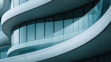 Modern glass balcony curving along sleek architectural facade, highlighting contemporary building design with minimalist lines and futuristic urban aesthetic