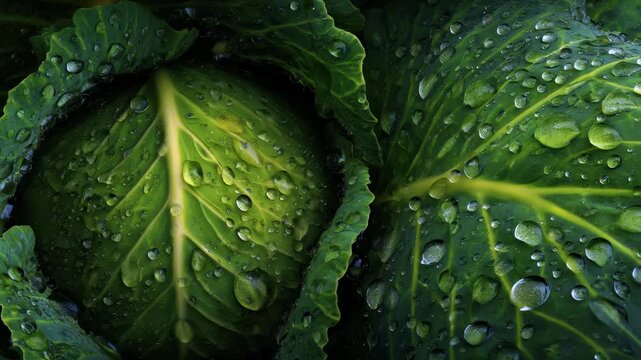 Close-up of cabbage leaves covered with fresh water drops.