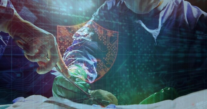 Gloved hands performing incision in operating room, with scalpel, circuitry and shield emblem