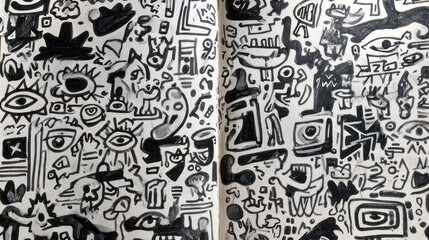 Obraz premium Handmade notebook spread revealing intricate black and white sketches, interweaving mysterious shapes and symbolic patterns creating cryptic visual narrative