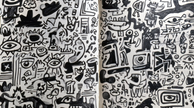Handmade notebook spread revealing intricate black and white sketches, interweaving mysterious shapes and symbolic patterns creating cryptic visual narrative