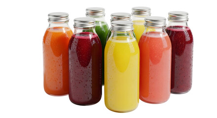 Assortment of colorful fruit and vegetable juice in glass bottles isolated on transparent background, showcasing a variety of healthy and refreshing options
