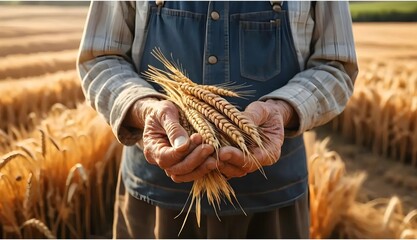 Close-Up of Farmer Holding Wheat in Sunlit Field During Harvest Season