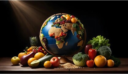 Artistic Globe Decorated with Global Fruits and Vegetables on Wooden Surface
