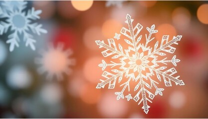 Geometric Snowflake on Warm Holiday Background with Light Bokeh Effects