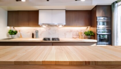 empty light wood kitchen counter top with blurred modern kitchen background