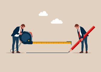 Fototapeta premium Businessmen hold measure tape and pencil. Precision and accuracy in measurements and calculations. Flat vector illustration