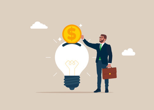 Businessman hold money coin put saving bank light bulb. Modern vector illustration in flat style. 