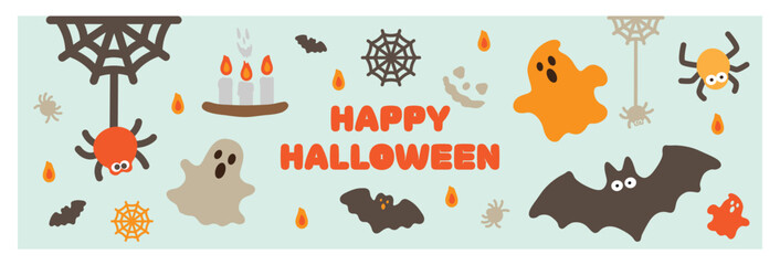Halloween party decor vector clip art collection, isolated ghosts, bats, spiders, candles illustration set