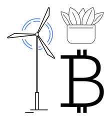 Wind turbine with motion lines, potted plant, and Bitcoin sign emphasizing clean energy, eco-friendliness, blockchain, and green finance. Ideal for sustainability, innovation, energy finance