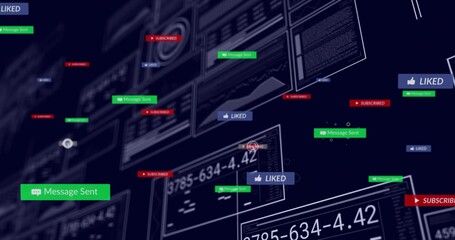 Displaying green Message Sent, red SUBSCRIBED, blue LIKED notifications over panels on dashboard