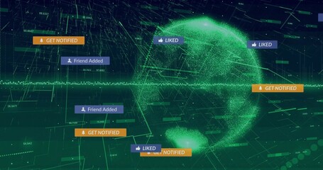 Rotating green point-cloud globe pulsing within network hub, with social media notification badges