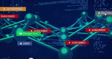 Displaying glowing teal network spheres connecting in virtual data space, with UI notifications
