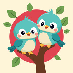 Obraz premium Adorable Cartoon Blue Birds Sitting Together on Tree Branch Vector Illustration