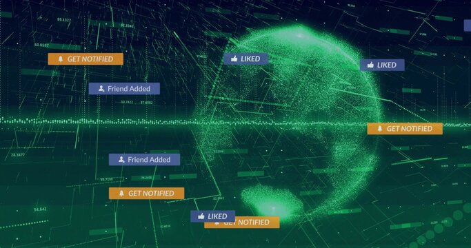 Rotating green point-cloud globe pulsing within network hub, with social media notification badges
