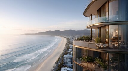 Luxurious oceanfront apartment complex rising against golden sunrise, highlighting panoramic coastal cityscape with sleek architectural design and expansive sea views