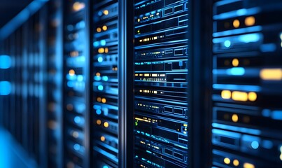 A close-up view of a modern data center, featuring stacked server racks illuminated with blue lights. The image highlights the advanced technology powering today's digital world.