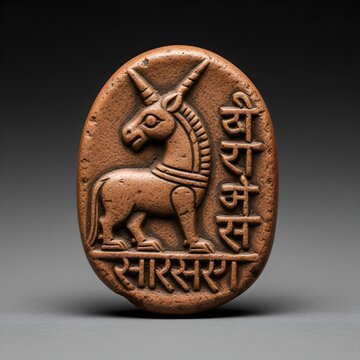 Detailed macro shot of an ancient Indus Valley Civilization terracotta seal, featuring a unique unicorn-like animal motif and undeciphered script, highlighted by soft museum lighting.