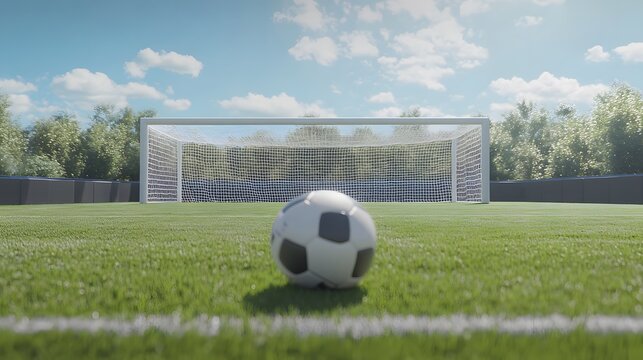 A close-up view of a soccer ball on a lush green field, with a clear blue sky and goalpost in the background, creating an inviting atmosphere for a friendly match or practice sessi