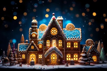 A gingerbread house is showing lights