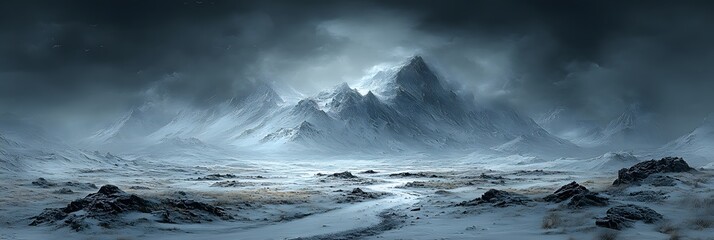 Snow covered mountain range under a stormy dark grey sky with scattered rocks in the foreground