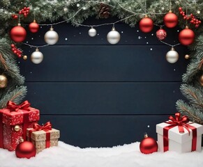 Festive Christmas Background with Garland, Hanging Baubles, and Wrapped Presents