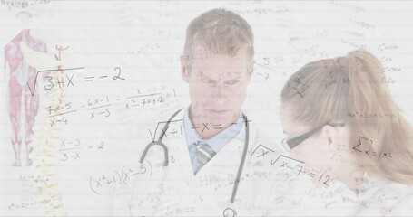 Doctor and colleague discussing anatomy in clinic, with spine model, stethoscope, equations overlay