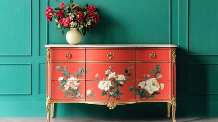 A vibrant red dresser with floral designs against a teal wall, complemented by a vase of flowers, creating a stylish and colorful interior.