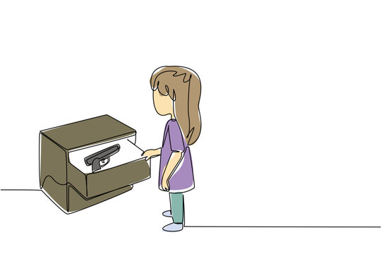 National SAFE Day concept in single line drawing style showing a young girl discovering a gun in a drawer, symbolizing firearm safety awareness, children protection, and family education. - Powered by Adobe