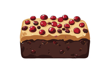A chocolate Christmas cake topped with creamy frosting and cranberries, illustrated in a flat style on a white background. Dessert concept