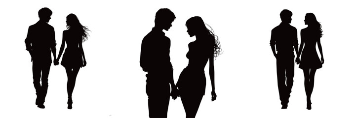 Two couples are shown in silhouette, enjoying a leisurely walk hand in hand. The background hints at a warm, romantic sunset casting soft light.