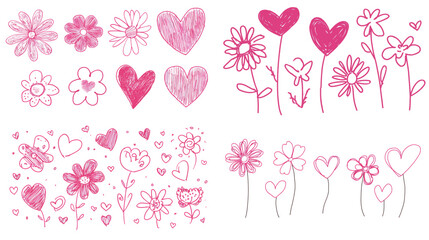 Various stylized flowers and hearts are arranged in a playful pattern, showcasing vibrant pink shades ideal for decoration or craft projects inspired by love and nature.