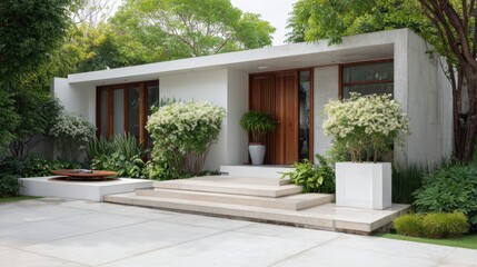 Lush green landscaping surrounds a modern minimalist white house featuring a striking wooden door and concrete steps, creating a serene and inviting entrance