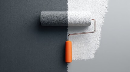 Obraz premium Paint roller transforming dark grey wall to white, symbolizing renovation and positive change in home improvement process