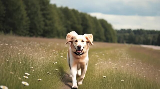 Epic multi-angle cinematic shots of a golden retriever running meadow. Drone aerial shots reveal flower patterns landscape waves, intimate close-ups of joyful expressions