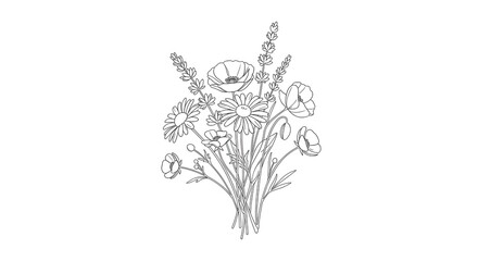 A detailed black and white line drawing of a bouquet of various flowers, including daisies and poppies.