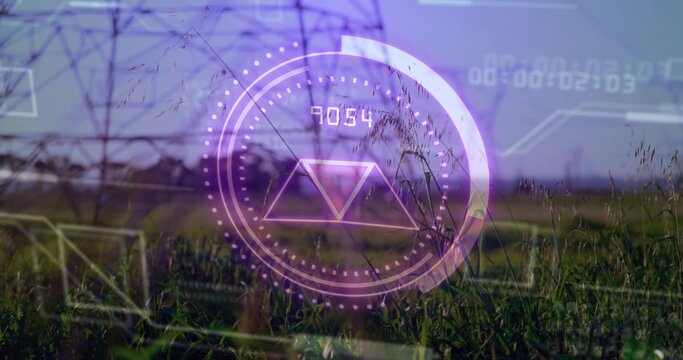Displaying purple HUD overlaying grassland with pylons, round gauge, triangle and numeric readout