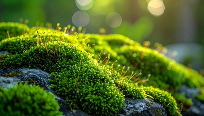 Fototapeta premium A detailed macro perspective of vibrant green moss with sporophytes thriving on a rock, illuminated by soft, golden sunlight and beautiful bokeh