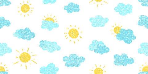 Crayon icons of weather, clouds, sun in sky. Seamless pattern with doodle clouds and solar objects in chalk texture. Cute summer weather background drawn with crayon pencils, kid vector illustration