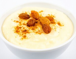Creamy Rice Pudding with Golden Raisins and a Warm Spice Garnish in a White Bowl.