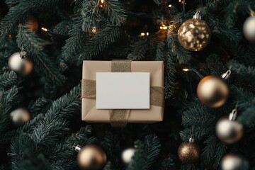 Christmas gift box on festive tree with golden ornaments and fairy lights