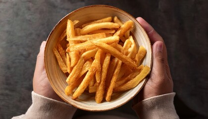 holding bowl of golden french fries homemade potato snack