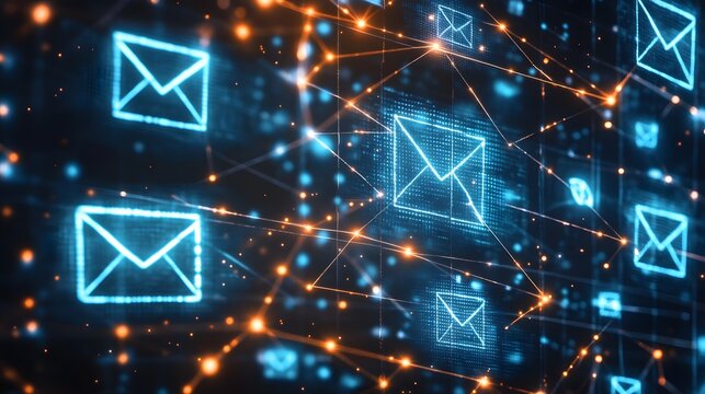 Dynamic digital representation of email communication, showcasing interconnected messages in a vibrant network