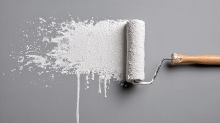 Obraz premium Paint roller spreading white paint across gray wall, producing drips and splatters during home renovation work