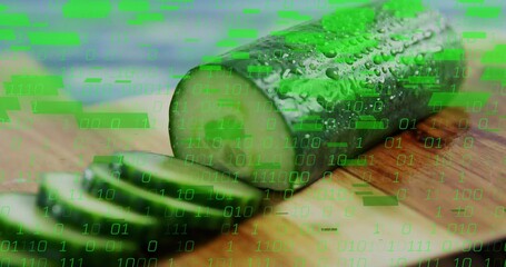 Displaying half cucumber resting on board at kitchen counter, with slices and binary code overlay