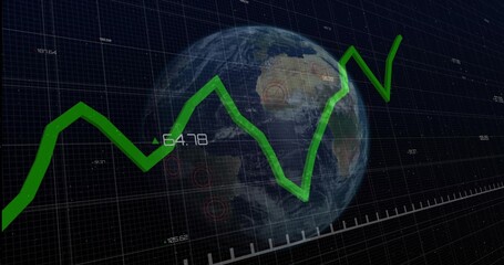 Three-dimensional globe floating on dark grid, with red circles, numeric labels, green graph