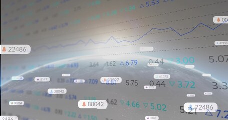 Displaying global analytics in virtual space, with curved Earth horizon and floating trend lines