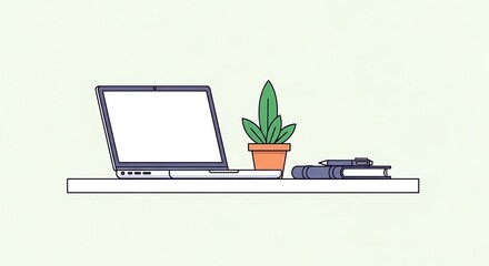 Minimalist desktop setup with laptop, plant, and writing accessories