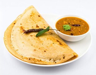 Crispy Folded Dosa with Hearty Sambar Garnished with a Dried Chili and Curry Leaf on a Clean White Plate.